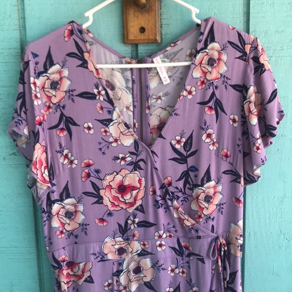 Purple Floral Midi Faux Wrap Dress - Picture 2 of 8